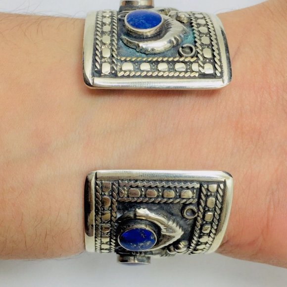 single Afghan Kuchi Cuff Bracelet With Blue Stones, Handmade Cuff, - Picture 5 of 5